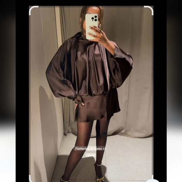 Zara Satin Effect Scarf Dress Brown NWT - Picture 11 of 15